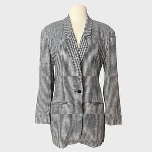 Vintage 80's women Med/Lg Black White Gingham Long Line Lightweight Blazer Linen